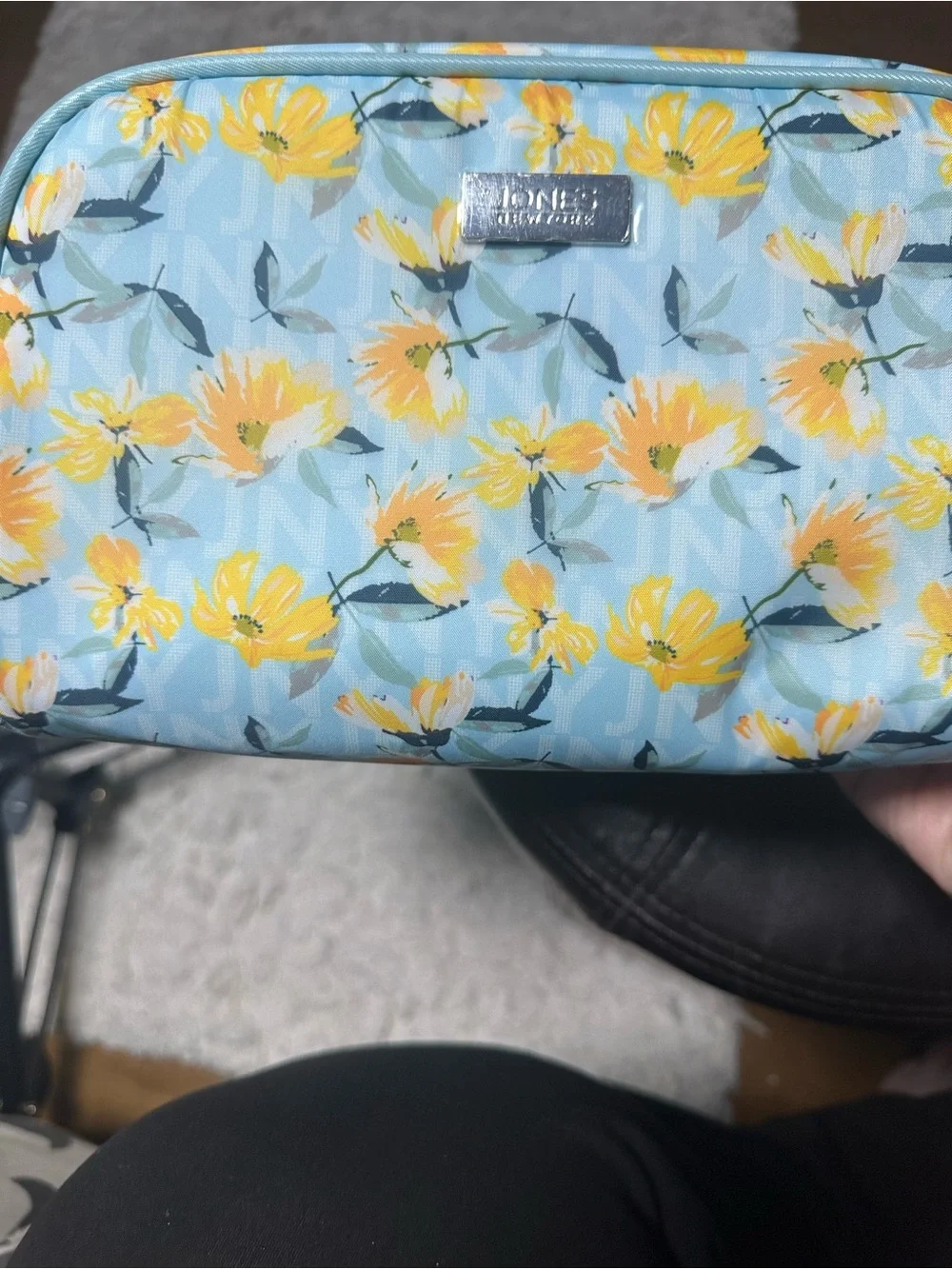 Jones New York Blue Floral Travel Cosmetic Pouch with Yellow Accents